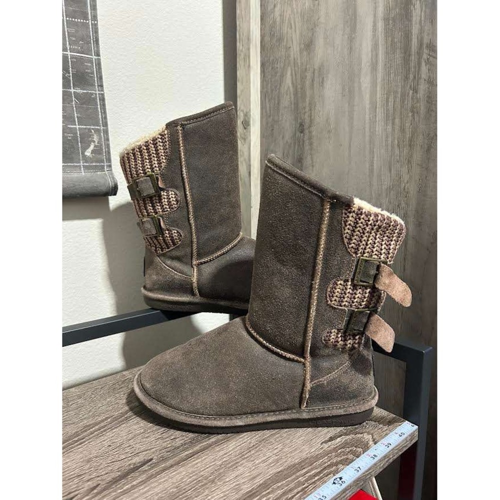 Bearpaw Boshie Women 9 Brown Suede Knit Back Buckle Mid Calf Boots 1669W-BOSHIE